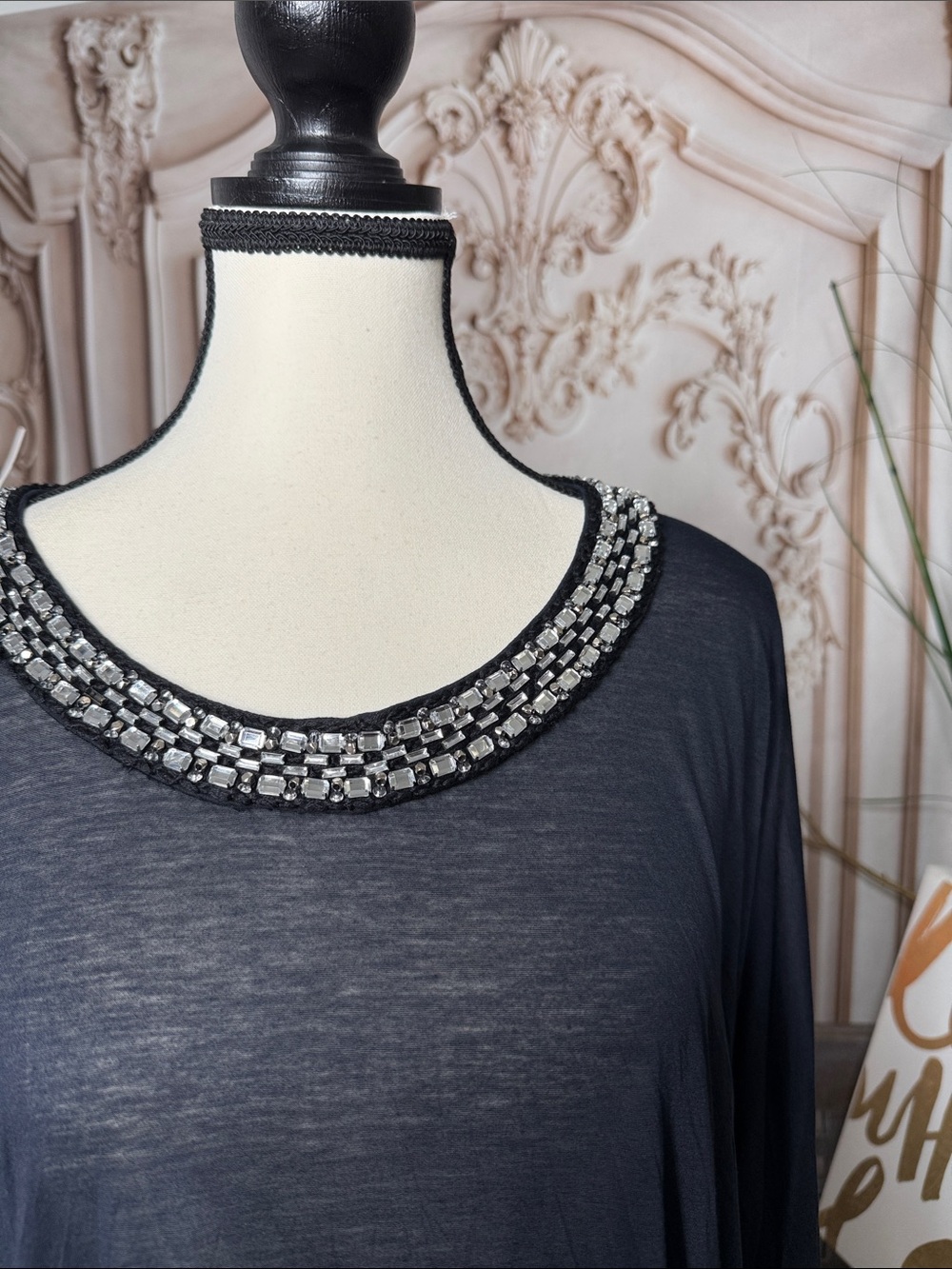YIGAL AZROUEL- Embellished Scoop Neck Black Top with Crystal Trim